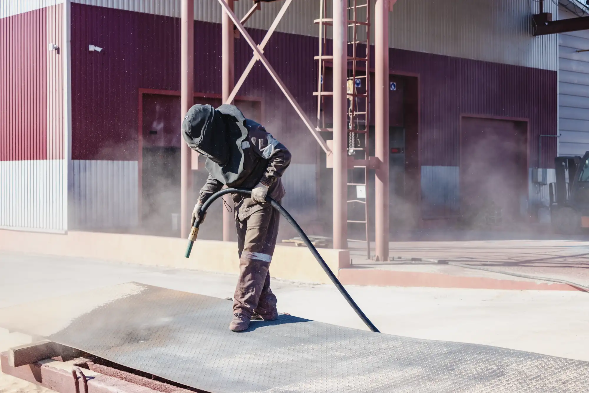 un-ouvrier-en-costume-special-sablage-du-metal-sur-un-site-industriel
